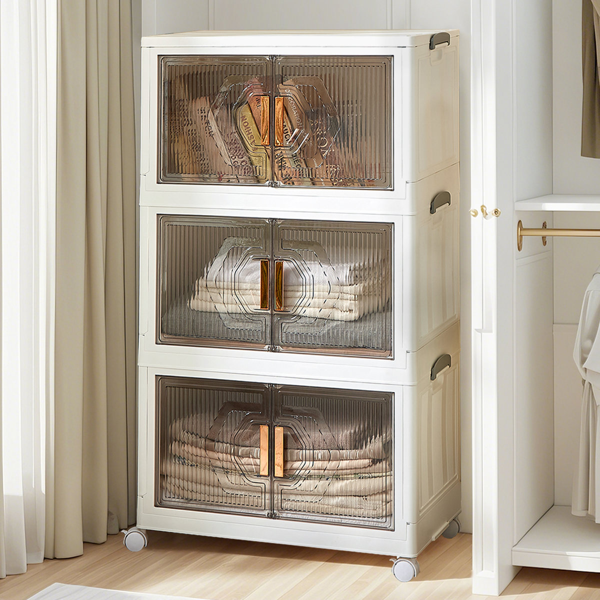 3 Pack Stackable Storage Bins 50 QT Folding Organizer Boxes Collapsible Closet With Doors Wheels Lid